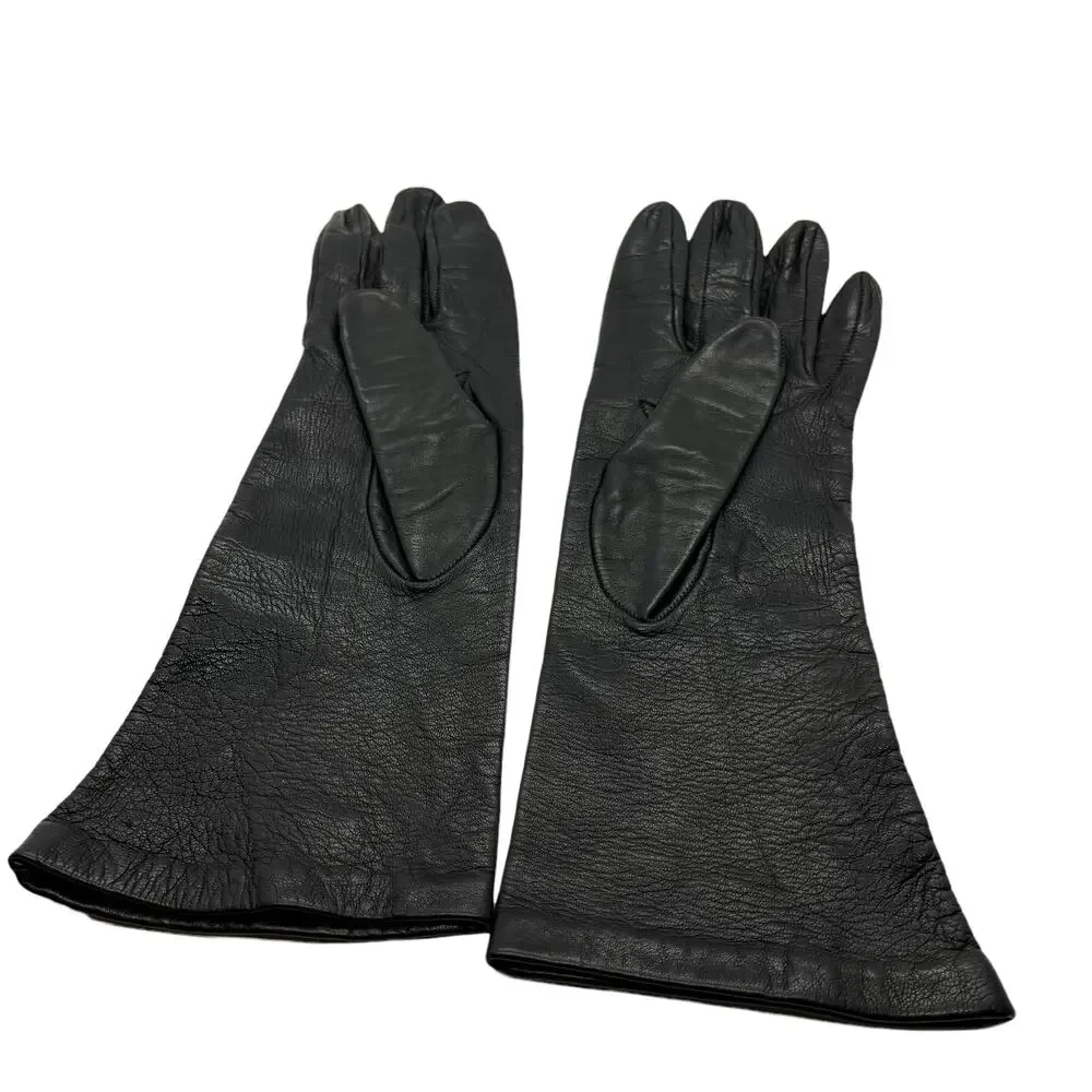 Black Leather Gloves Made in Italy Silk Lined Vintage 1960s Women's Size 7